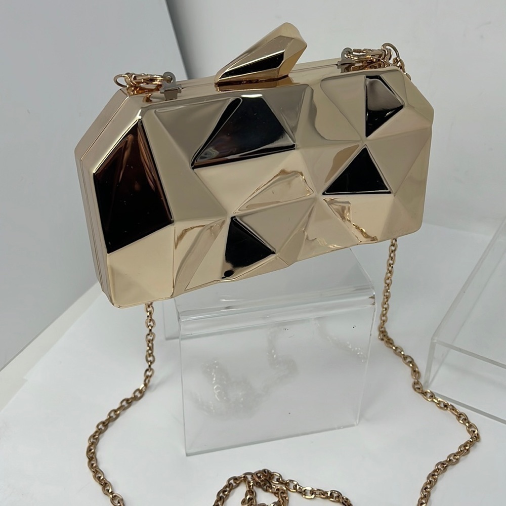 Rose Gold Metal Geometric Box Clutch Shoulder Bag